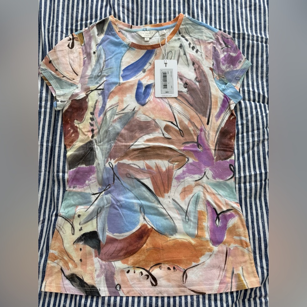 Ted Baker Ivory Tee with Blue and Pink Watercolor Floral Print